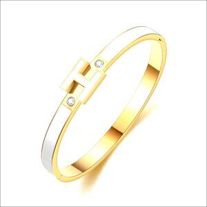 18K Gold Plated H Bangle Bracelet, Dainty Minimalist Design, Hidden Clasp